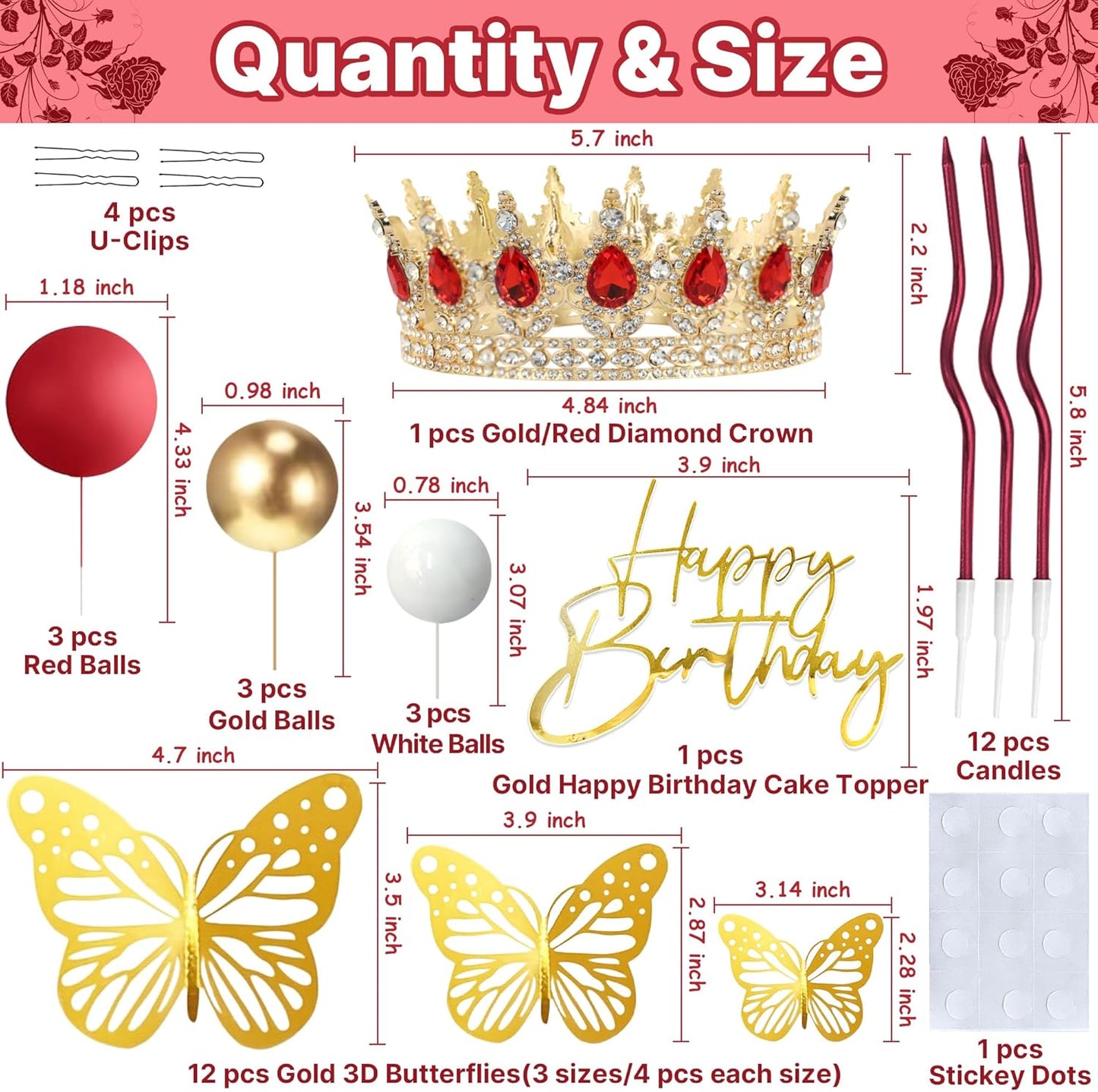Crown Cake Topper, Balls Happy Birthday Cake Topper Pink Crown Birthday Candles Gold Butterflies, Corona Para Pastel, Cake Decorations for Birthday Wedding (Gold, Pink)