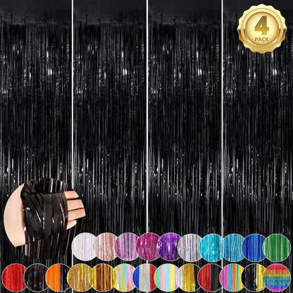 Black Fringe Curtain Party Streamers 2Pack 3.3x8.3 Ft Foil Fringe Backdrop Curtains for Birthday Wedding Bridal Baby Shower Halloween Decor Tinsel Streamers Black Party Decorations Door Streamers