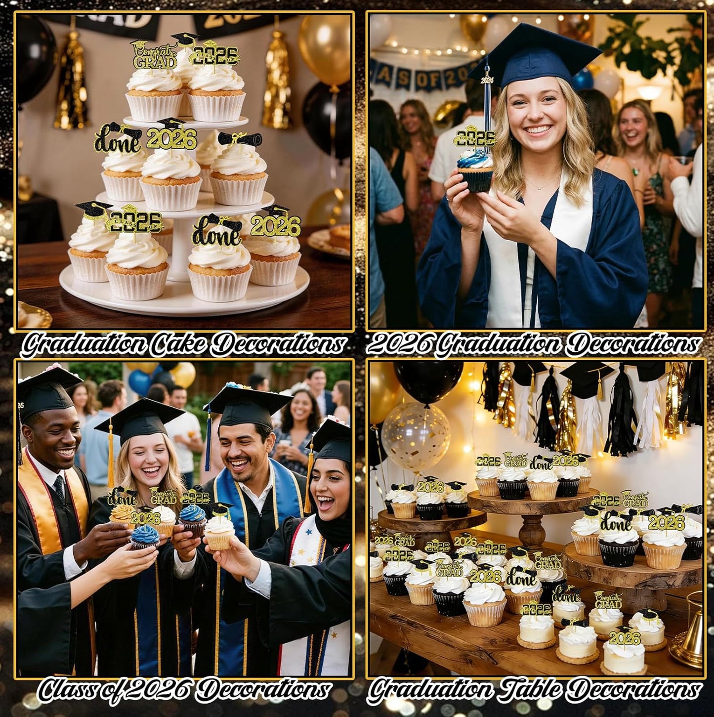 Graduation Decorations 2026 Cupcake Toppers, 36 Pcs Black & Gold Glitter Cap & Diploma Class of 2026 Cake Topper, Cake Picks & Toppers for Congrats Grad Party Decor Supplies