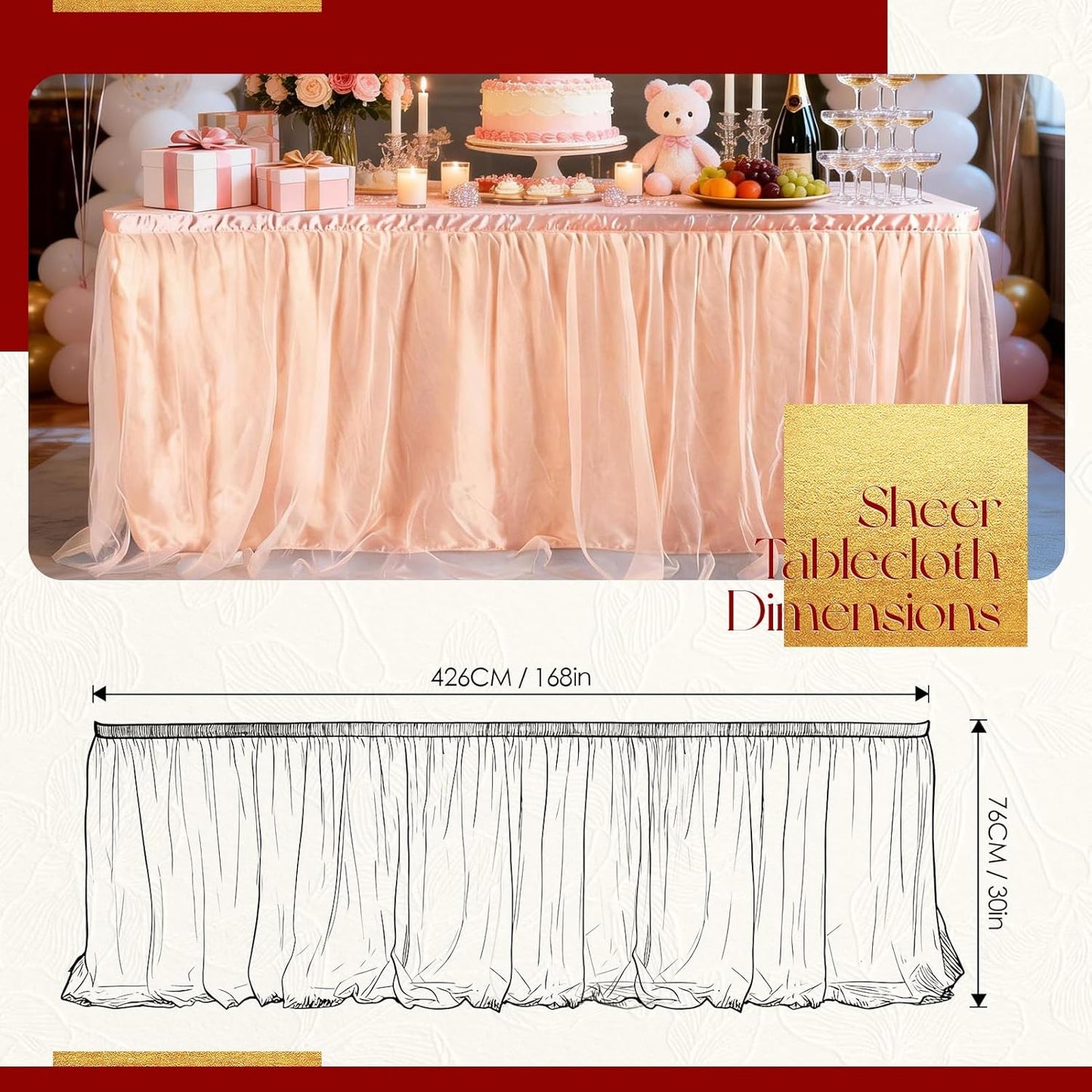 THARAHT Tulle Table Skirt 6FT 180CM Long for Rectangle Tables Round Tables Ruffle Desk Skirt for Princess Girls Birthday Party Cake Dessert Decorations Table Skirt