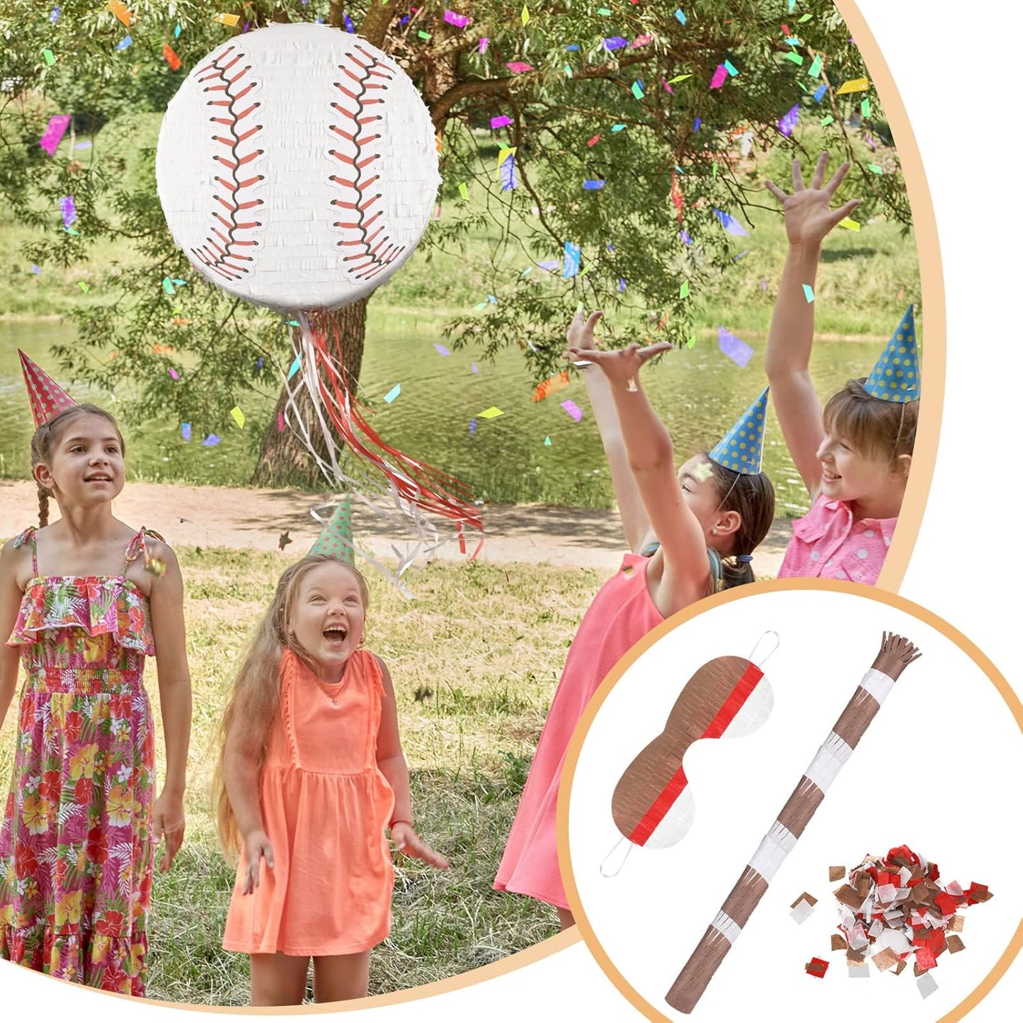Baseball Piñata with Blindfold Bat for Birthday Party Softball Paper Piñata Sports Balls Confetti Baseball Party Supplies for Birthday Party Decorations 13.19 x 13.19 x 3 Inch(Cool)