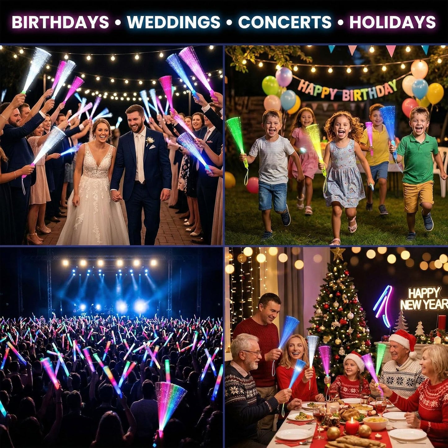 LovesTown 24PCS Glow Sticks Party Supplies, 3 Modes Colorful Flashing Glow in the Dark Toys LED Light Up Sticks Fiber Optic Wand for Kids Party Favors Birthday Wedding