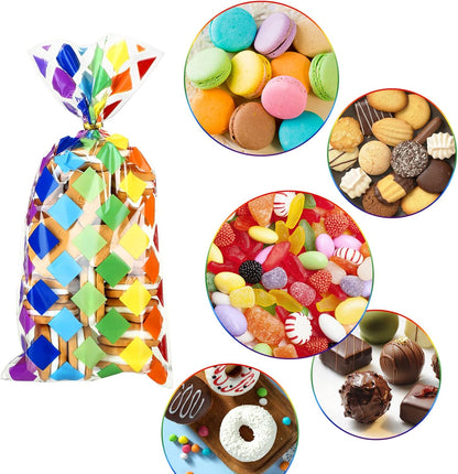 Kesote Rainbow Cellophane Treat Bags, 100 Pieces Printed Plastic Gift Goodie Candy Treat Bags with Ties for Summer Kids Birthday Party Favor Supplies