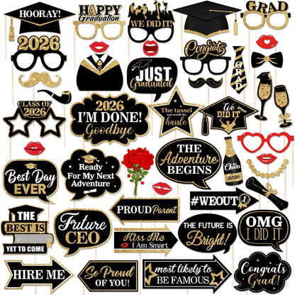 46Pcs Blue Gold Graduation Photo Booth Props 2026 Graduation Decorations with Sticks Class of 2026 Grad Party Favors Supplies for High School & College