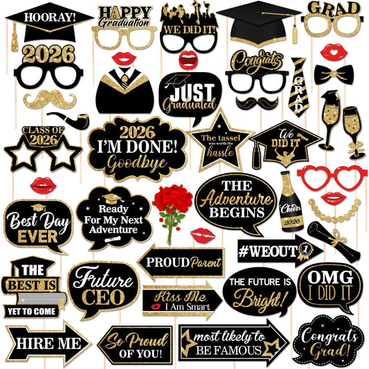 46Pcs Blue Gold Graduation Photo Booth Props 2026 Graduation Decorations with Sticks Class of 2026 Grad Party Favors Supplies for High School & College