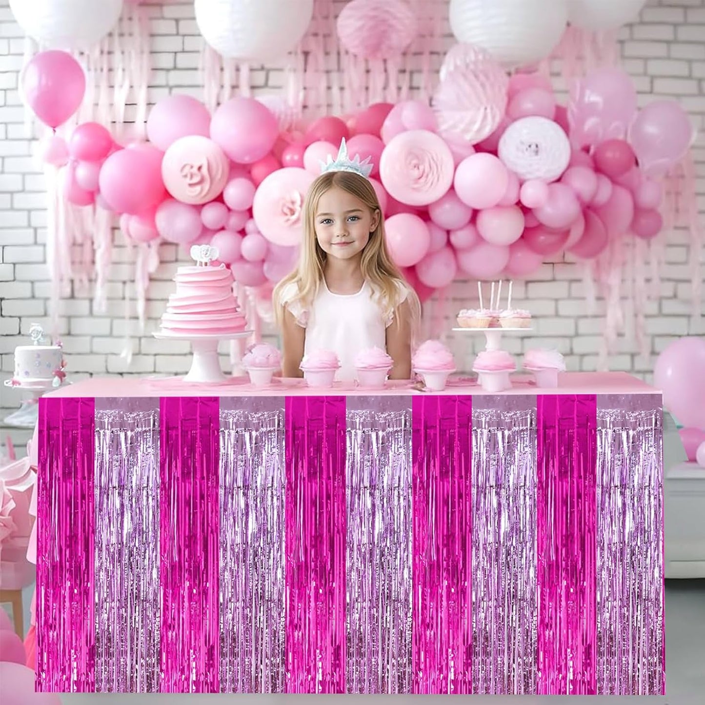 BEISHIDA 2 Pack Metallic Tinsel Foil Fringe Table Skirts for Rectangle & Round Tables Hot Pink Kids' Birthday, Holiday Cartoon Party Decorations for Birthday Valentines Baby Shower Festive Events