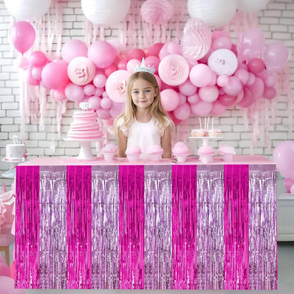 BEISHIDA 2 Pack Metallic Tinsel Foil Fringe Table Skirts for Rectangle & Round Tables Hot Pink Kids' Birthday, Holiday Cartoon Party Decorations for Birthday Valentines Baby Shower Festive Events