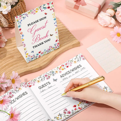Fuyoooo 27 Pcs Safari Animal Baby Shower Guest Book Set Baby Shower Sign in Guest Floral Book Place Table Cards with Gold Pen Adhesive Photo Corner for Birthday Party