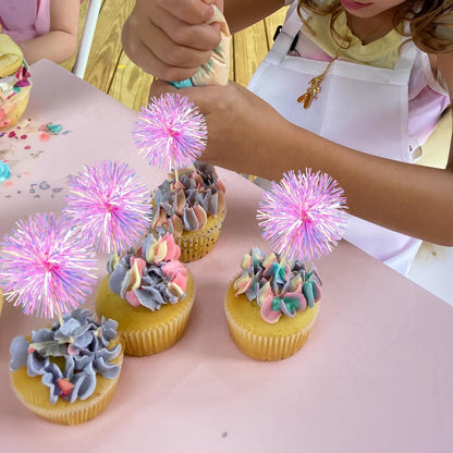 Ephlyn 30Pcs Foil Firework Cupcake Toppers Sparkle Tinsel Cupcake Picks Drink Stirrers Cocktail Food Fruit Toothpicks for Baby Shower Graduation Party Supplies White
