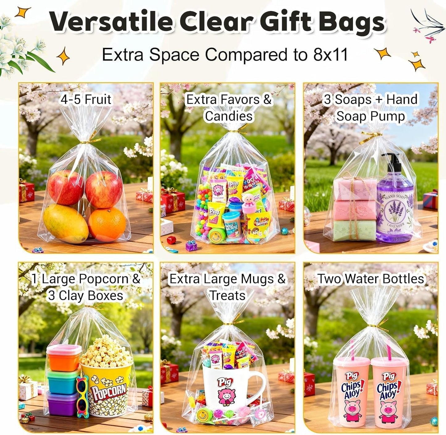 PigPotParty Cellophane Treat Bags 6x9 Inch, 50 Pack Clear Goodie Bags with Bottom Gusset for Stand-Up Display, Small Plastic Gift Wrap for Cookies, Candy, Party Favors, Popcorn, Includes 50 Gold Ties