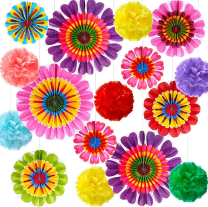 Outus 21 Pcs Spring Flower Hanging Paper Fans Flower Paper Fans Classroom Decorations Springtime Summer Tissue Pom Poms for Ceiling Wedding Birthday Party Supply Classroom Decor(Spring Flower)