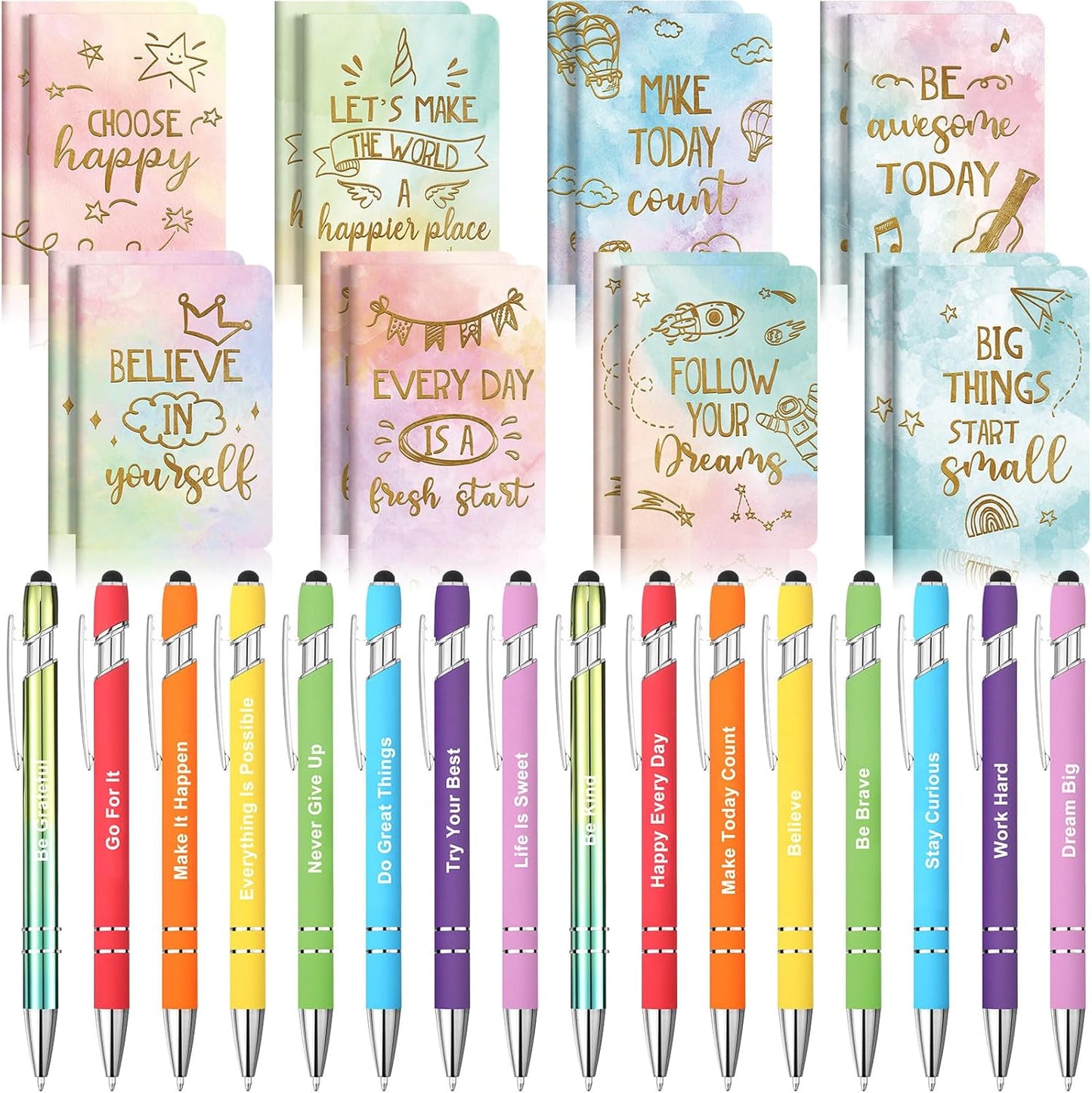 Funrous 32 Pcs Motivational Quote Pens Inspirational Notepads Mini Journal with Ballpoint Pen Small Notebooks Gift for Men Women Coworker Adult Party Favors Prize Teacher Student Office(Stylish)