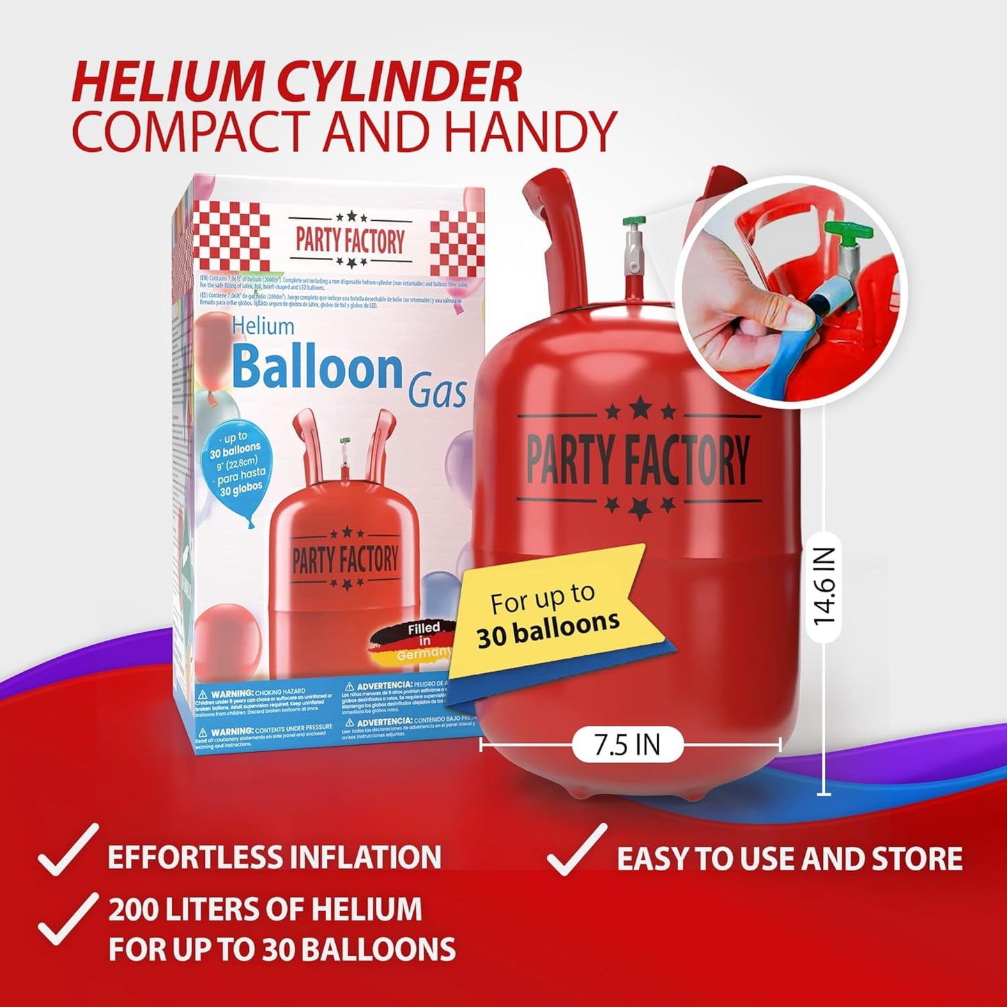 Party Factory Helium Tank, 7 cu.ft, Red - Fills up to 30 Balloons, Unisex, Occasion Type: Birthday, Bachelorette Party, Christmas, Wedding