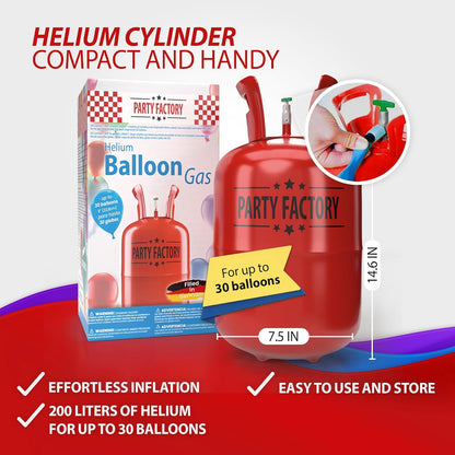 Party Factory Helium Tank, 7 cu.ft, Red - Fills up to 30 Balloons, Unisex, Occasion Type: Birthday, Bachelorette Party, Christmas, Wedding