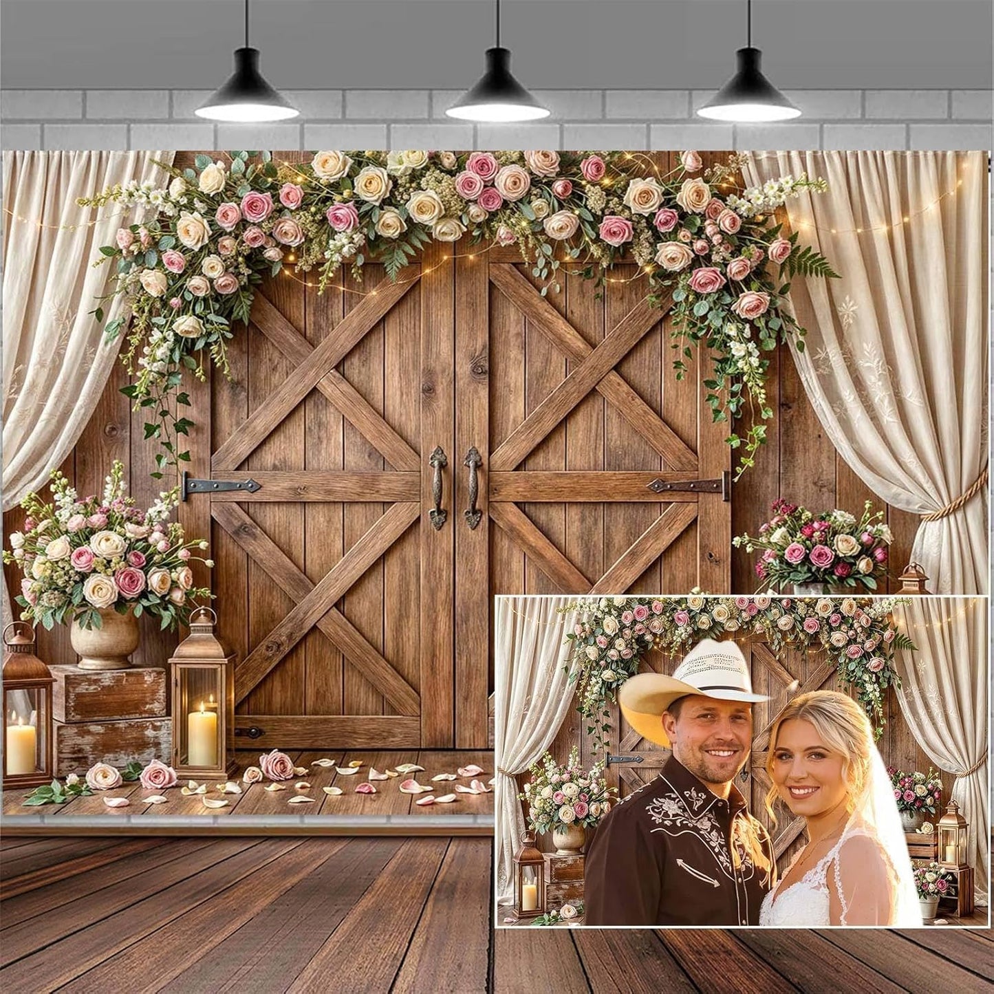 10x8ft Country Wedding Photography Backdrop Rustic Barn Door Photography Backdrop Farmhouse Pink Flower Cabin Wooden Birthday Baby Shower Wedding Bridal Party Banner Photo Booth Props Background