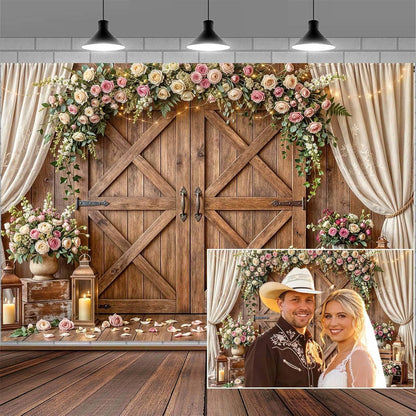 10x8ft Country Wedding Photography Backdrop Rustic Barn Door Photography Backdrop Farmhouse Pink Flower Cabin Wooden Birthday Baby Shower Wedding Bridal Party Banner Photo Booth Props Background