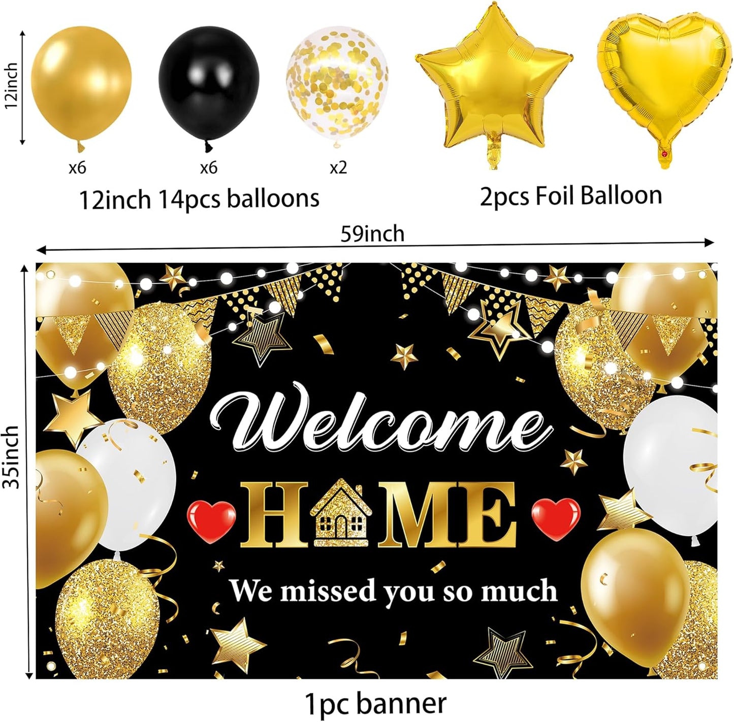 Holkcog Welcome Home Decoration, Black Gold Welcome Back Party Decorations, We Missed You So Much Banner Party, Glitter Home Party Sign Banner Ballons, Family Reunion Party Decora Supplies