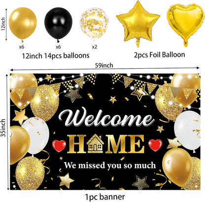 Holkcog Welcome Home Decoration, Black Gold Welcome Back Party Decorations, We Missed You So Much Banner Party, Glitter Home Party Sign Banner Ballons, Family Reunion Party Decora Supplies