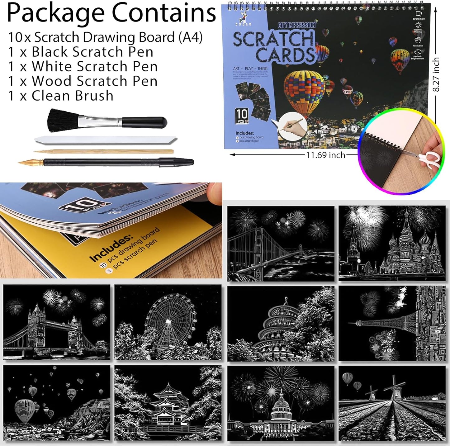 10 PCS Cityscape Scratch Art Book for Teen & Adults: DIY Colorful City Series Painting Paper | ASMR Stress-Relief Engraving Kit Scratchboard | DIY Sketch Card Creative Craft (Travel Landmarks B)