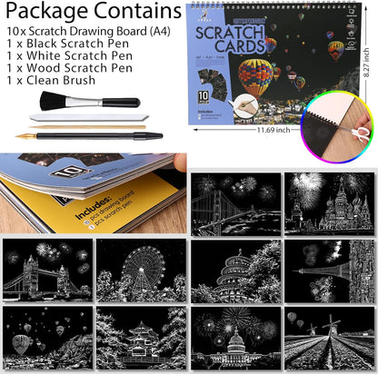 10 PCS Cityscape Scratch Art Book for Teen & Adults: DIY Colorful City Series Painting Paper | ASMR Stress-Relief Engraving Kit Scratchboard | DIY Sketch Card Creative Craft (Travel Landmarks B)