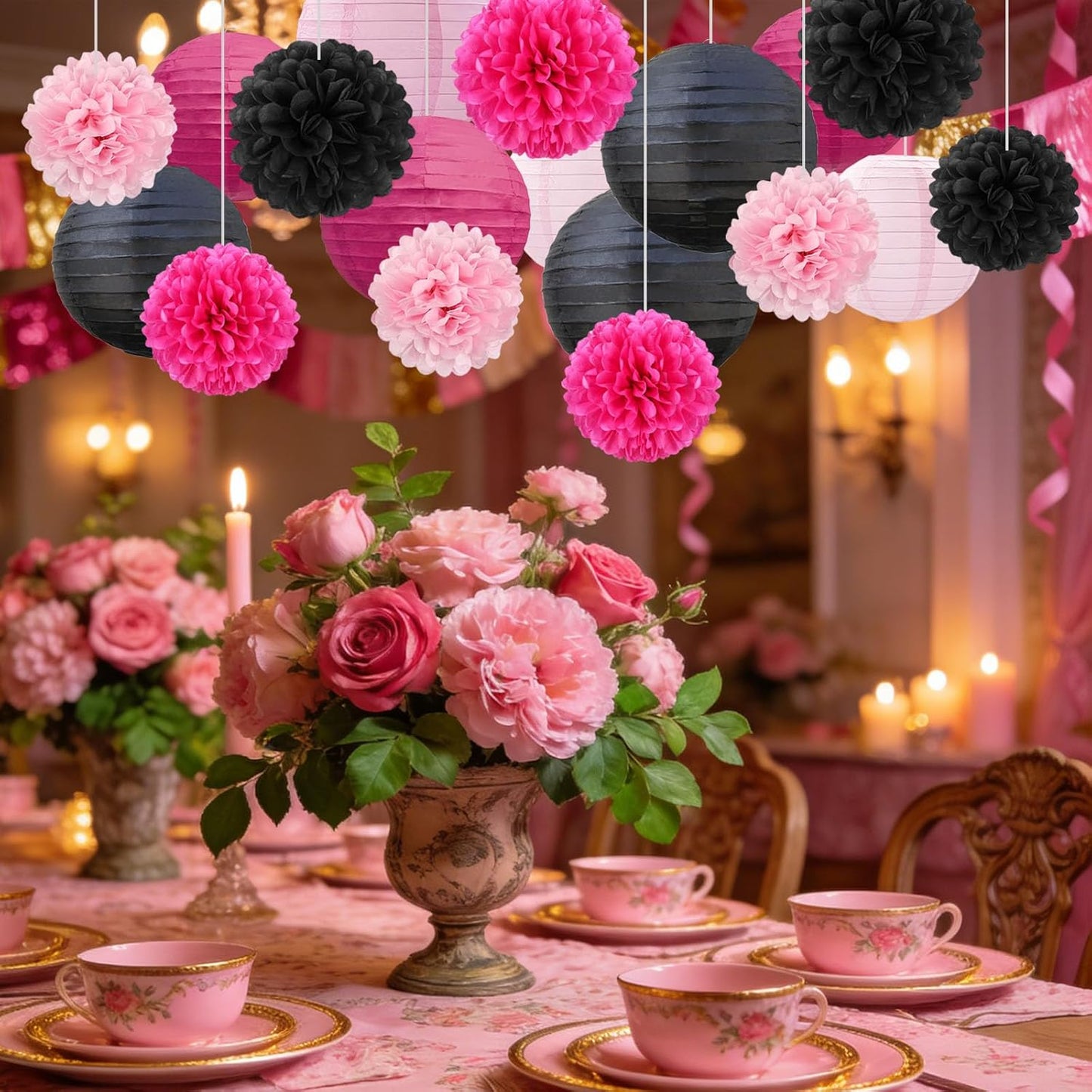 18 PCS Tissue Paper Pom Poms, Tissue Pom Poms Flowers, Sizes of 6", 10", 12", 14" Hanging Paper Flower Ball for Wedding, Birthday, Halloween, Christmas, Baby Shower Party Decor (Red Black Gold)
