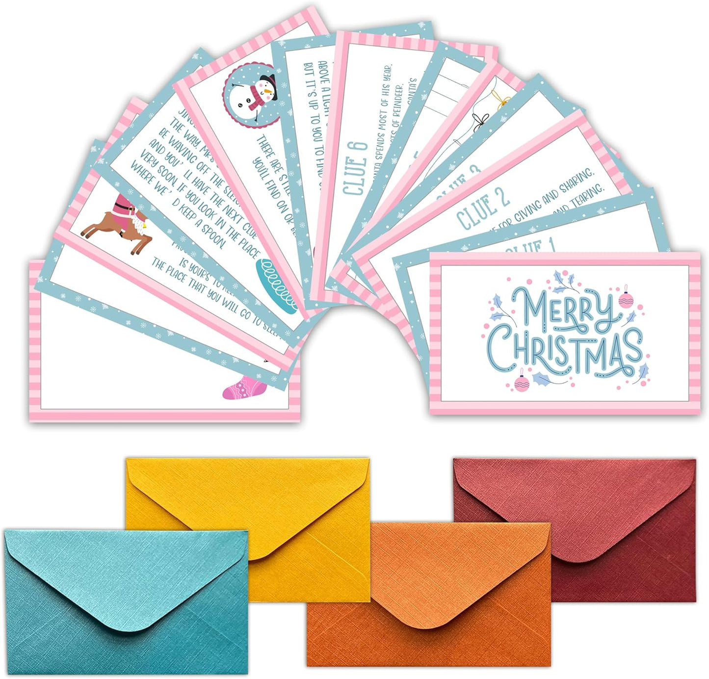 Christmas Treasure Hunt Clue Game, Winter Xmas Scavenger Games for Adults, Merry Christmas Party Activities, Santa Holiday Xmas Party Supplies (12 Cards with 12 Colorful Envelopes) -03