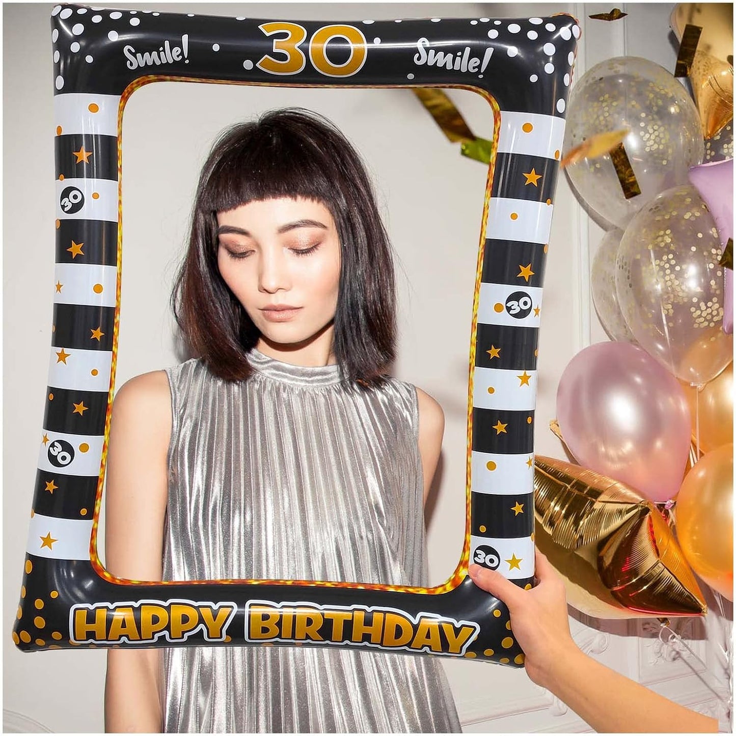 Andiker 40th Inflatable Birthday Selfie Frame, Black Gold Photo Booth Props Funny Picture Frame for Party Decorations
