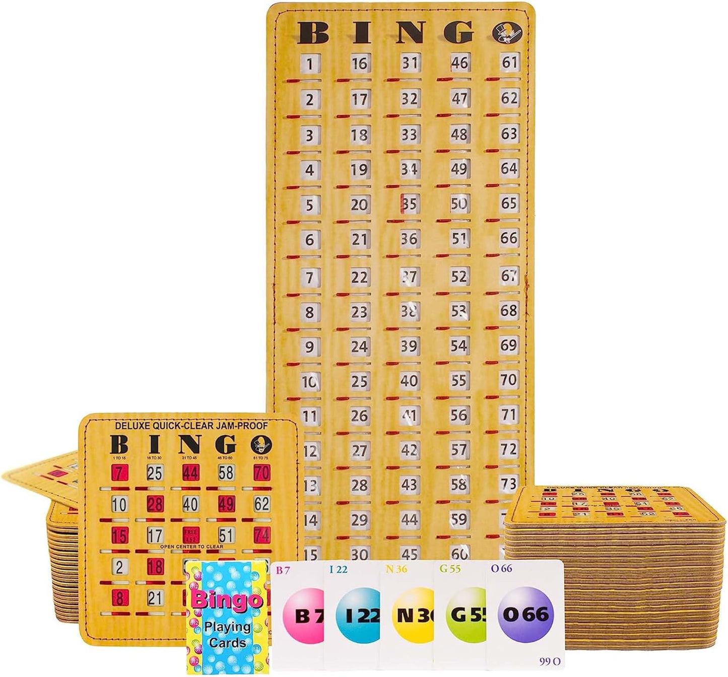 MR CHIPS Jam-Proof Bingo Cards with Sliding Windows, 25 Reusable Shutter Cards, 75 Calling Cards 1 Master Board in Tan Woodgrain Style