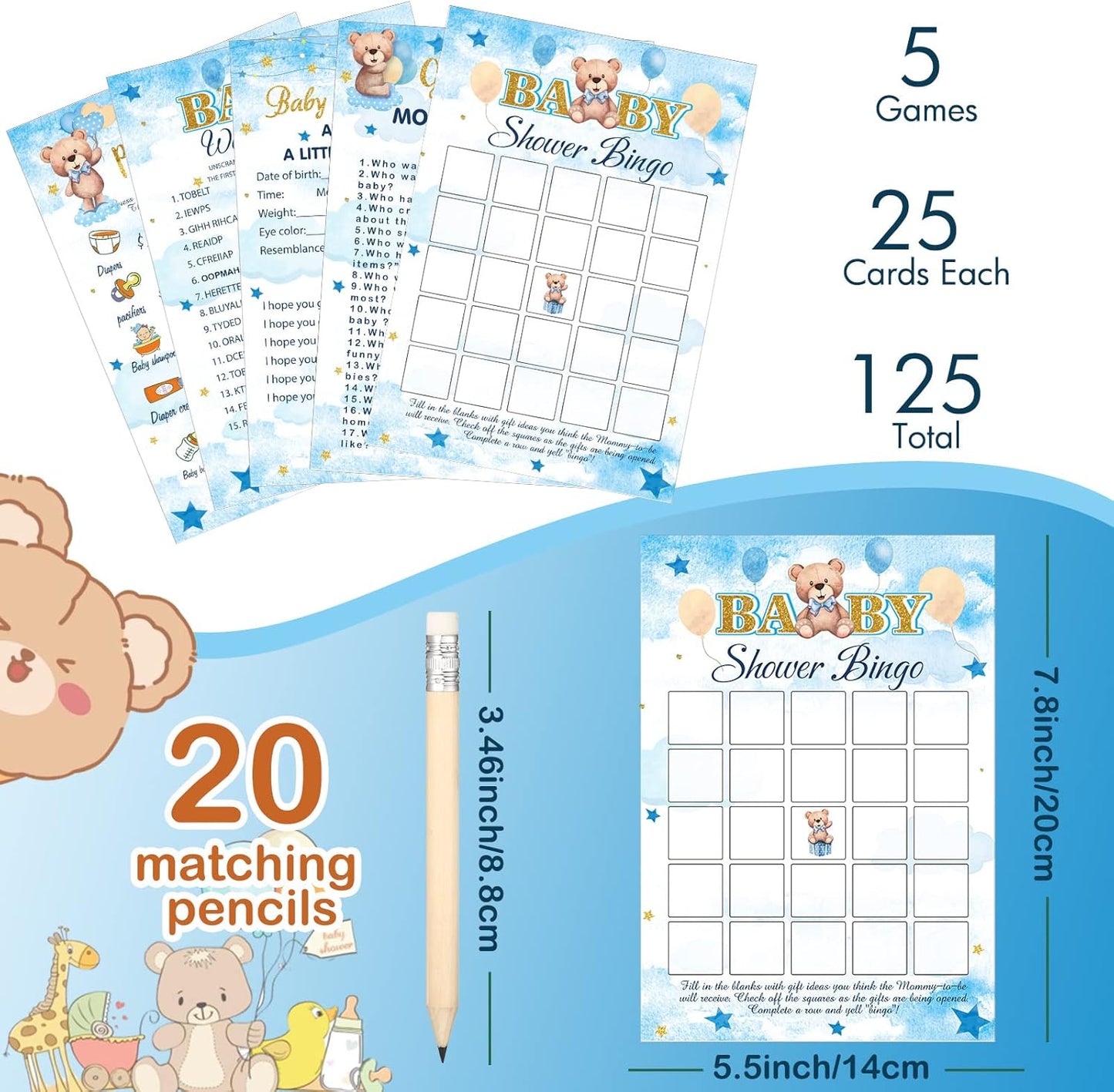 Yinder 145 Pcs Baby Shower Games Activities Cards with 20 Pencils Includes Baby Bingo Description and Wishes Guess Who Price is Right Word Scramble Game(Here Comes the Son)