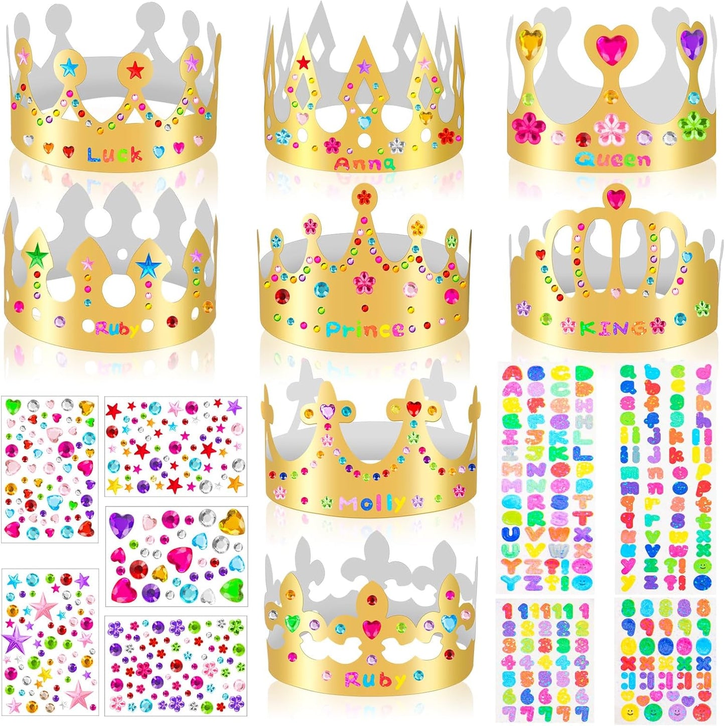 12 pcs Paper Crowns, Birthday Crowns Craft to Decorate with 8 Sheets Gem Jewels Number Letter Stickers, Gold Paper Prince Princess Hats for Party Favor Supplies
