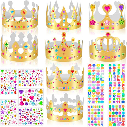12 pcs Paper Crowns, Birthday Crowns Craft to Decorate with 8 Sheets Gem Jewels Number Letter Stickers, Gold Paper Prince Princess Hats for Party Favor Supplies