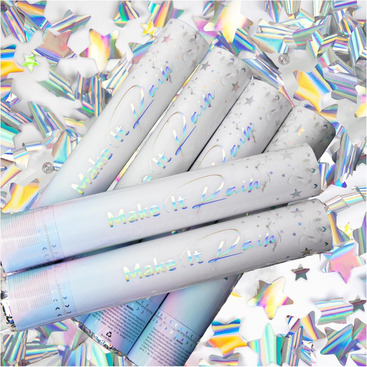 PrimePure Confetti Cannon Party Poppers - Holographic Silver Stars Confetti Popper - 2 Pack - Party Cannon Silver Glitter Star Pop Gun for Birthday, Wedding, Graduation, Celebration, Pranks