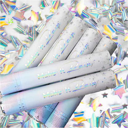 PrimePure Confetti Cannon Party Poppers - Holographic Silver Stars Confetti Popper - 2 Pack - Party Cannon Silver Glitter Star Pop Gun for Birthday, Wedding, Graduation, Celebration, Pranks