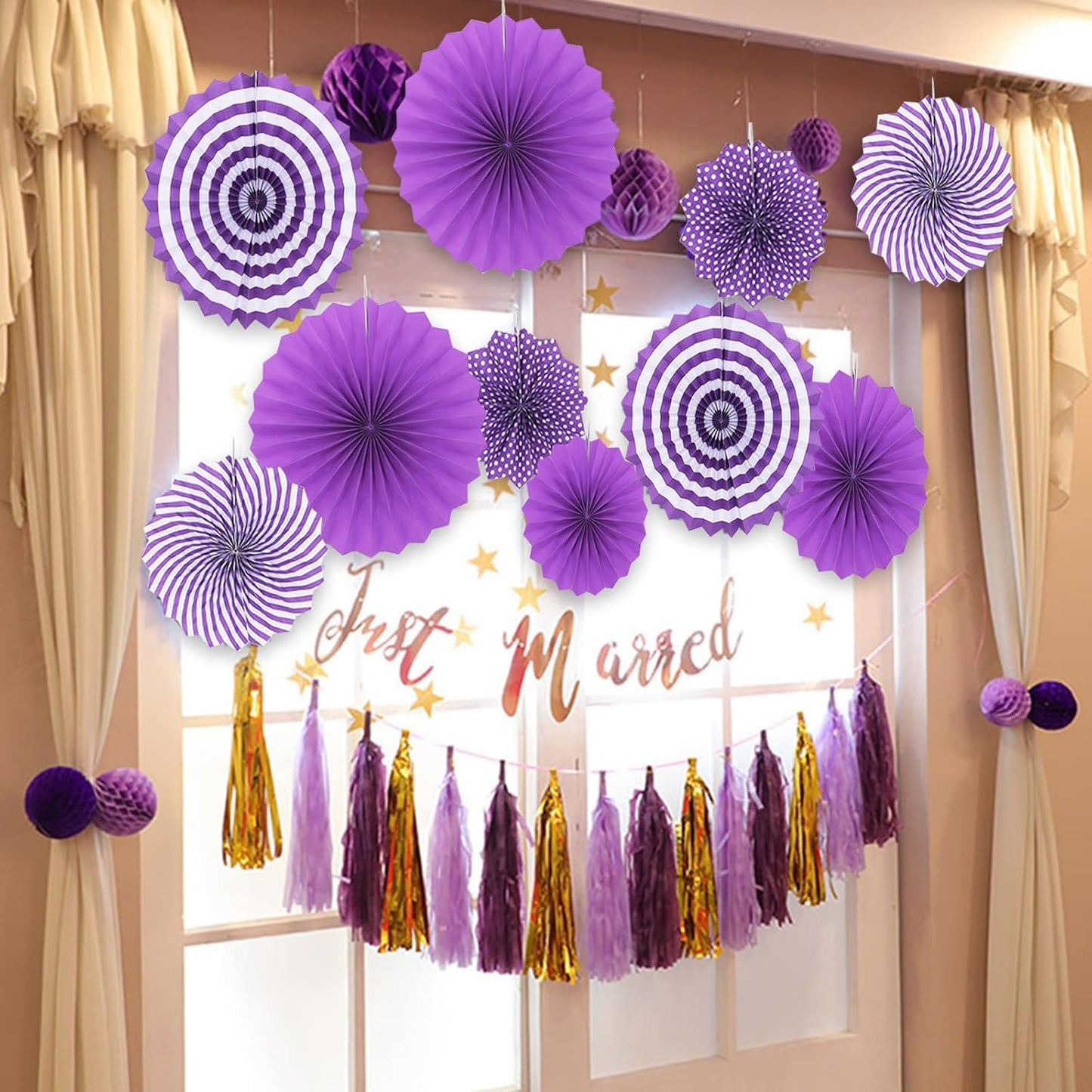 LRCXL 12PCS Party Hanging Paper Fans Set, Fiesta Round Pattern Paper Garlands Decoration Party Supplies for New Year Baby Shower Birthday Wedding Graduation Events Accessories(Yellow)