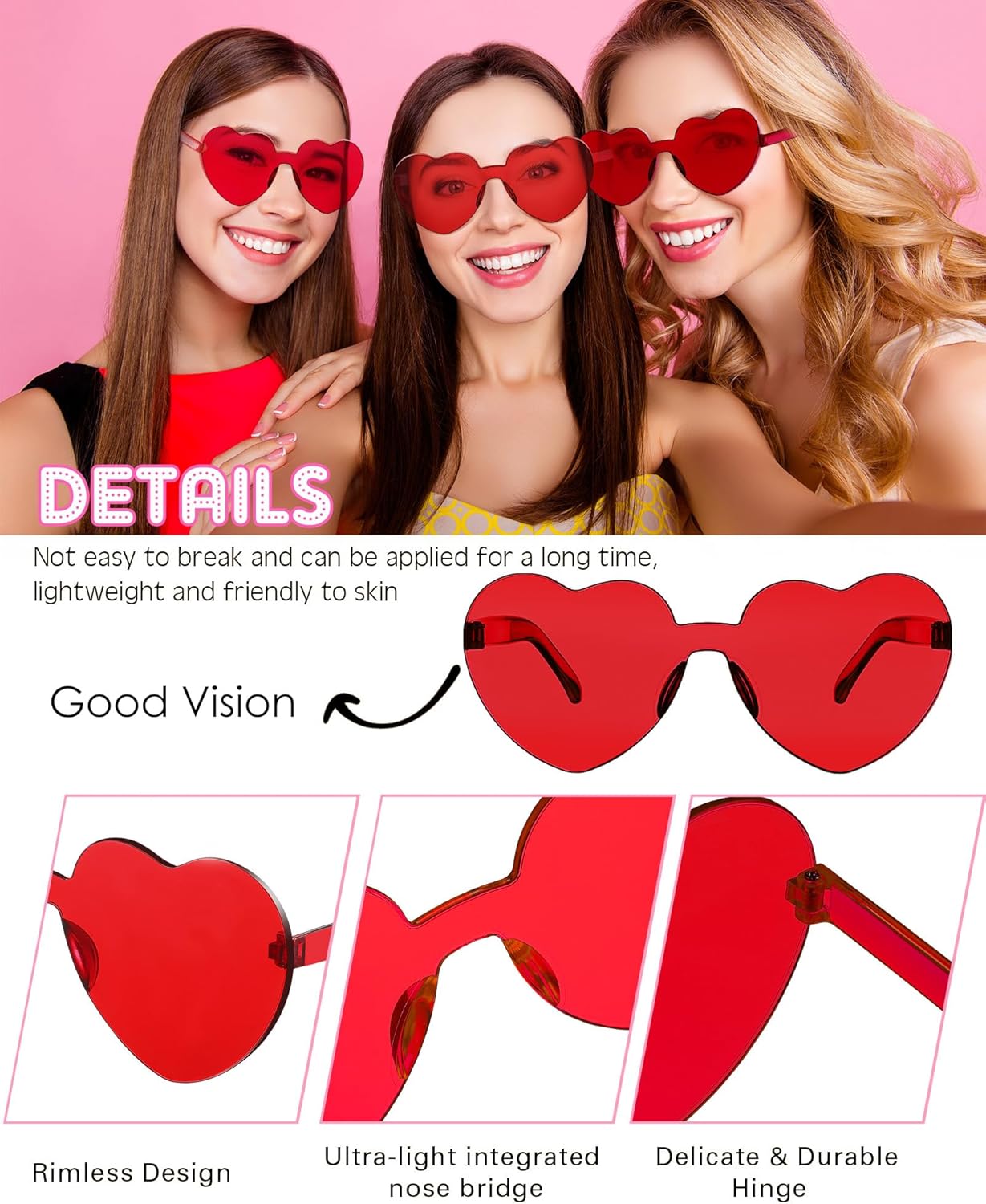 Frienda 8 Pairs Heart Shaped Sunglasses for Women Rimless Heart Glasses Candy Color Sunglasses for Party Favor