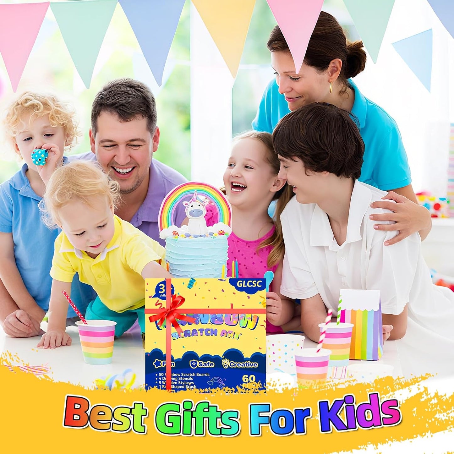 60 Pcs Scratch Art for Kids, Rainbow Scratch Paper, Black Magic Scratch Off Craft Set for 3 4 5 6 7 8 9 10 Years Old Girls and Boys Kids, Party Games Christmas Birthday Easter Gifts