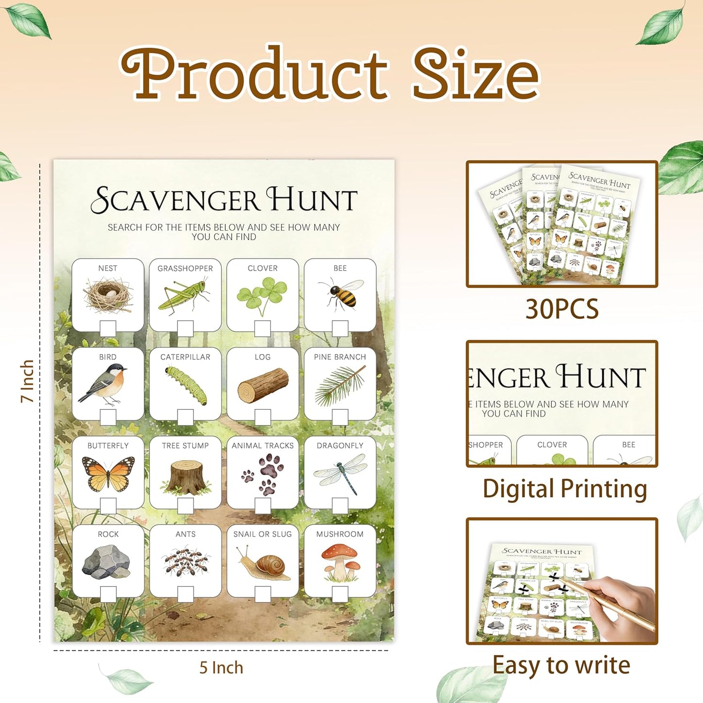 30Pcs Nature Scavenger Hunt Cards, Scavenger Hunt Cards Road Trip and Travel Activities, Spring Summer Holiday Party Supplies, Camping Games Outdoor Indoor Seek Activity-A03