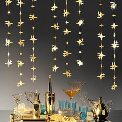 Glitter Gold Four-Angle Star Paper Garland Banner Décor 40 Feet Gold Twinkle Star Hanging Bunting Banner Backdrop for Wedding Baby Shower Birthday Graduation Disco Party Decorations