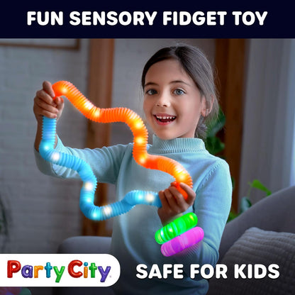 Party City 12pk LED Light Up Pop Tubes 25”- 3 Mode Stretchy Tubes LED Light Up Toys Bulk Glow Sticks Party Favors for Kids Necklaces Bracelets Neon Glow in the Dark Supplies Fidget Sensory Tube Pack