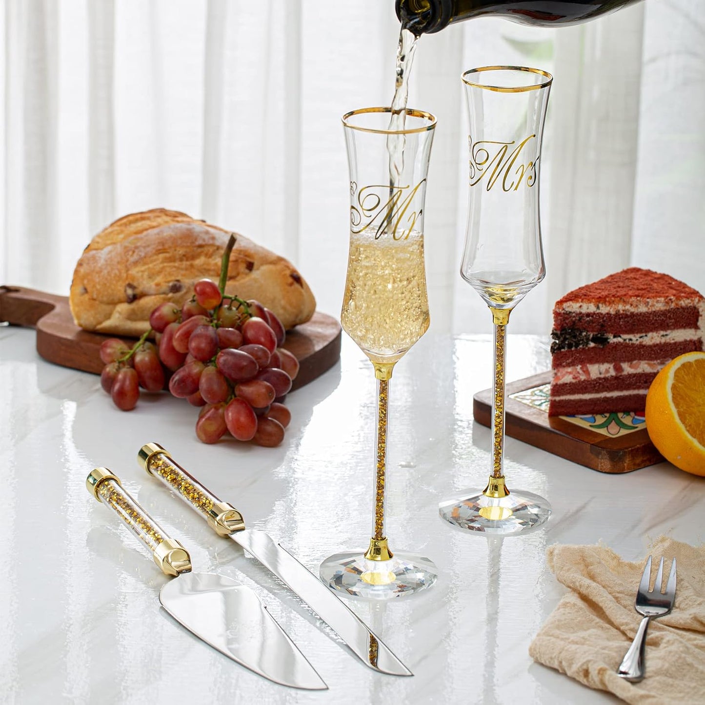Wedding Cake Knife and Server Set, Wedding Cake Cutting Set with Mr and Champagne Flutes Glasses for Bride and Groom Gifts for Couples