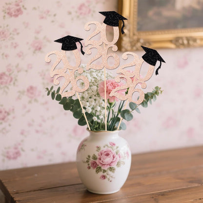 Class of 2026 Graduation Centerpieces, 10 Pcs Gold Glitter 2026 Centerpieces with Graduation Cap, Congrats Grad Party Decorations for Cake, Dessert & Centerpieces