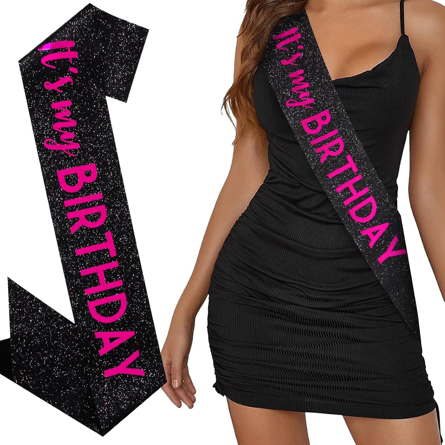 It's My Birthday Sash Black Glitter Sash with Hot Pink Foil Happy Birthday Decorations for Women Girls Men Boys Black Party Decorations