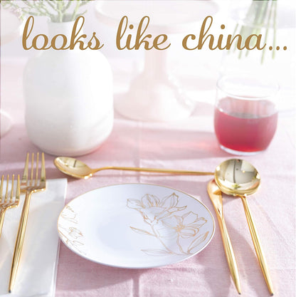 PLASTICPRO [16 OZ 20 Count] White Plastic Floral Design Party Soup bowls With Gold Rim Premium heavyweight Elegant Disposable Tableware Dishes