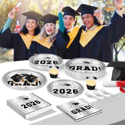200Pcs Graduation Decorations 2026, Blue Graduation Plates and Napkins Party Supplies for 50 Guests, Disposable Grad Plates, Napkins, Dessert Plates and Forks for Grad Decor Wedding Birthday Supplies