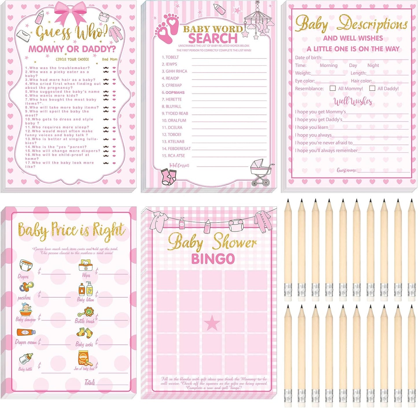Yinder 145 Pcs Baby Shower Games Activities Cards with 20 Pencils Includes Baby Bingo Description and Wishes Guess Who Price is Right Word Scramble Game(Here Comes the Son)