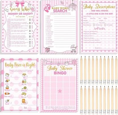 Yinder 145 Pcs Baby Shower Games Activities Cards with 20 Pencils Includes Baby Bingo Description and Wishes Guess Who Price is Right Word Scramble Game(Here Comes the Son)