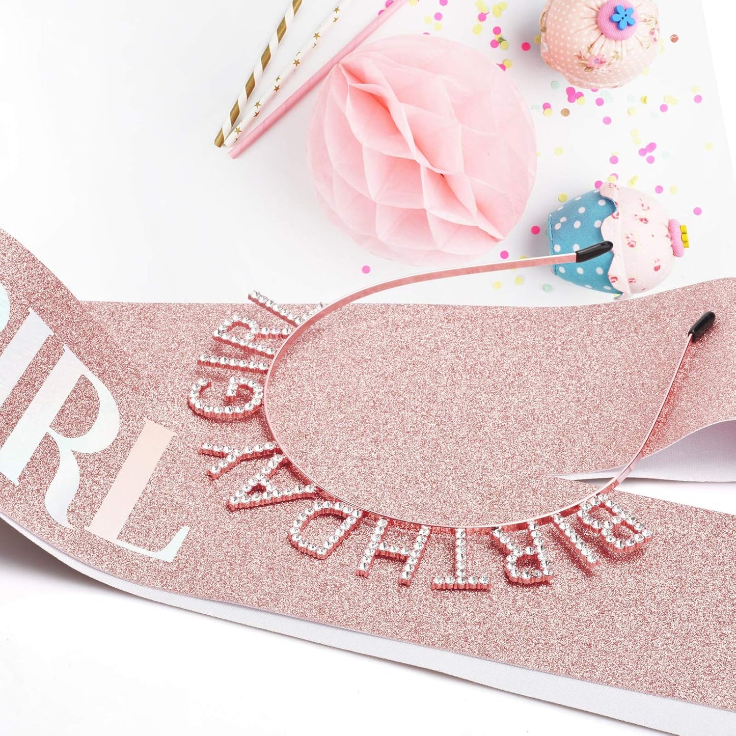 Aurmigle Birthday Crown and Sash Set for Women - Glitter Birthday Girl Sash, Rose-Gold Rhinestone Tiara Headband Gifts Sweet Happy Accessories