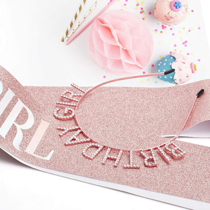 Aurmigle Birthday Crown and Sash Set for Women - Glitter Birthday Girl Sash, Rose-Gold Rhinestone Tiara Headband Gifts Sweet Happy Accessories