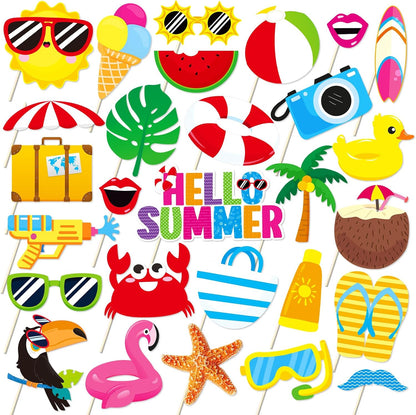 Summer Pool Beach Photo Booth Props 30 Pack Pool, Hawaiian, Beach, Luau Photo Booth Props, Tropical Themed Party with Stick and Glue for Summer/Pool/Tiki/Hawaiian Party Supplies Decor Photobooth Kit
