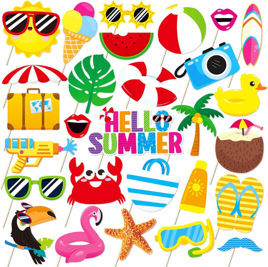 Summer Pool Beach Photo Booth Props 30 Pack Pool, Hawaiian, Beach, Luau Photo Booth Props, Tropical Themed Party with Stick and Glue for Summer/Pool/Tiki/Hawaiian Party Supplies Decor Photobooth Kit